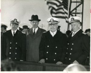 Capt. Tyree, Governor Driscoll, Adm. Halsey, and Vice Adm. Badger 