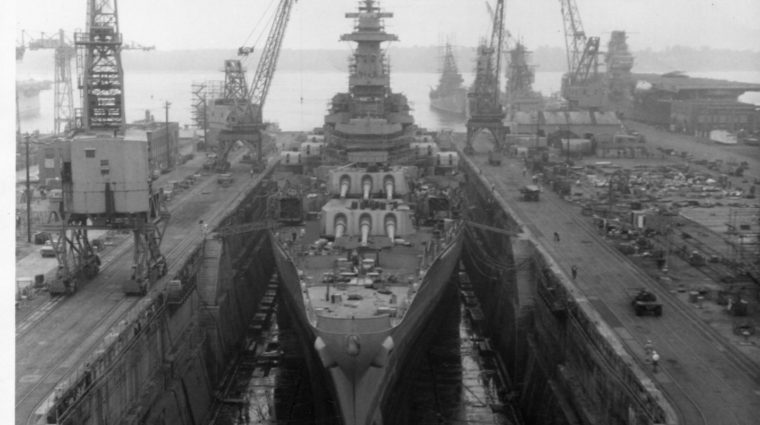 BB-62 in drydock at Philadelphia prior to Vietnam recommissioning